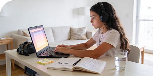 Adolescente estudando inglês online