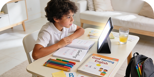 Crianças estudando inglês online